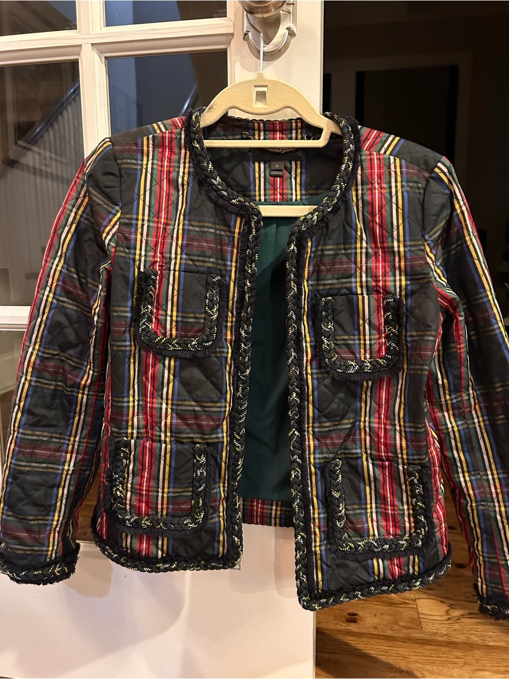 J. Crew Quilted Multicolor Plaid Braided-Trim Jacket
